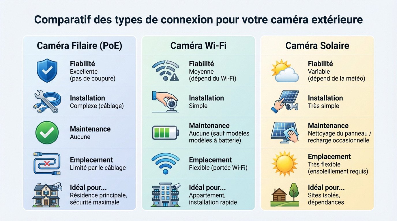 Schéma comparatif illustrant les différences d'installation entre caméras filaires PoE, Wi-Fi et solaires pour la sécurité extérieure