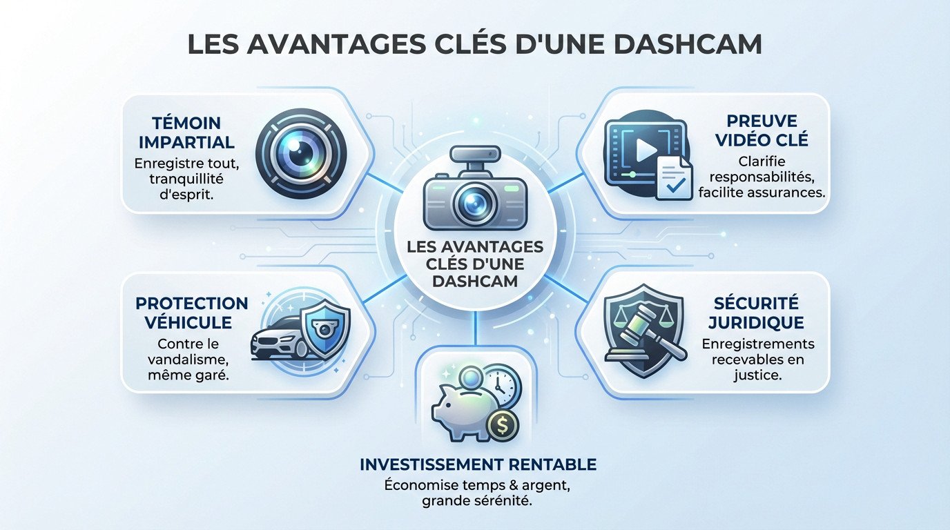 Infographie montrant les avantages d'une dashcam : preuve vid&eacute;o, s&eacute;curit&eacute; stationnement et protection juridique