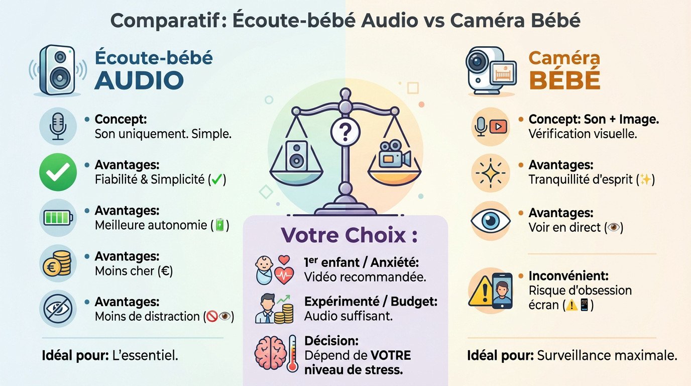 Comparatif visuel entre un &eacute;coute-b&eacute;b&eacute; audio classique et une cam&eacute;ra b&eacute;b&eacute; vid&eacute;o